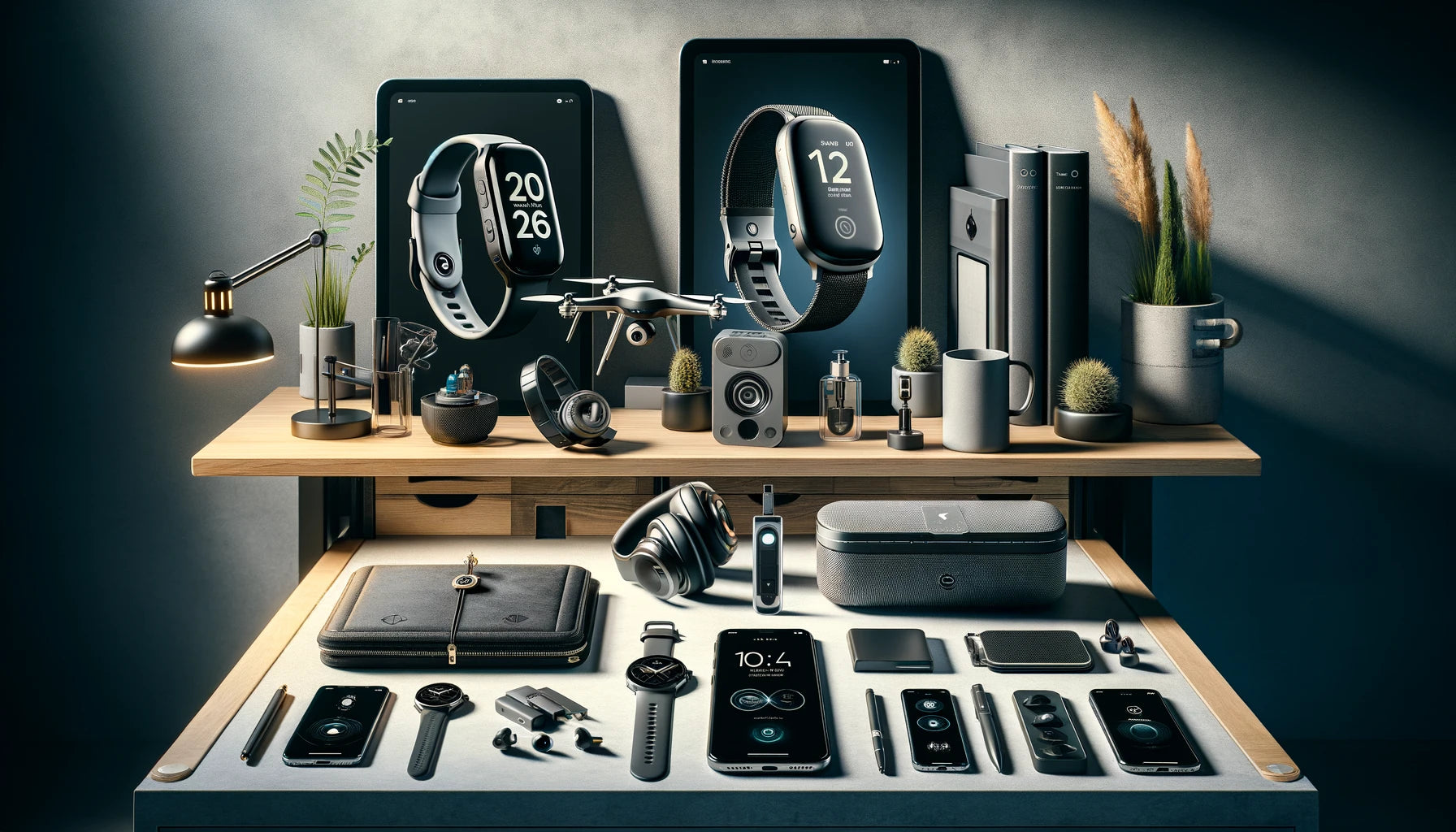 Smartwatches, headphones and everyday tech gadgets displayed on a modern desk